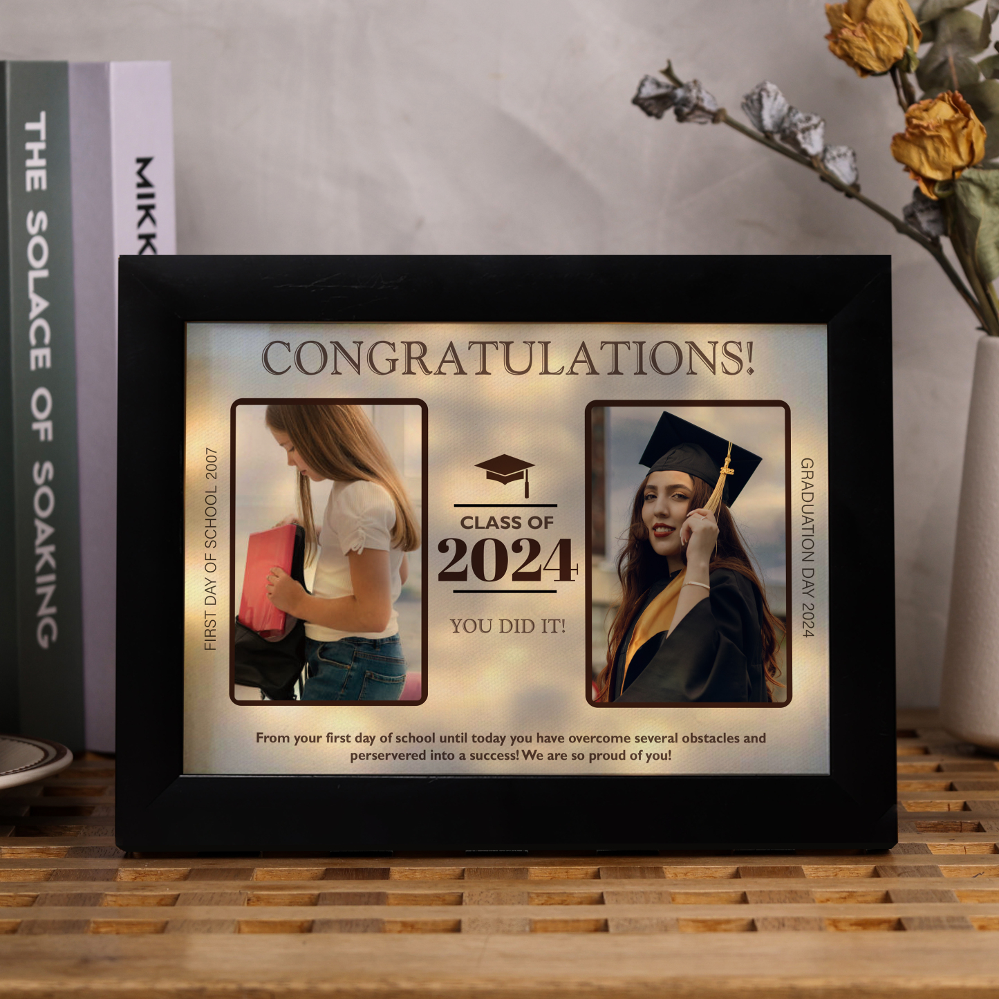 2024 Graduation Gift - Personalised 3 Year & 2 Photo & 1 Text Frame Night Light LED Night Light Gift for Her/Him