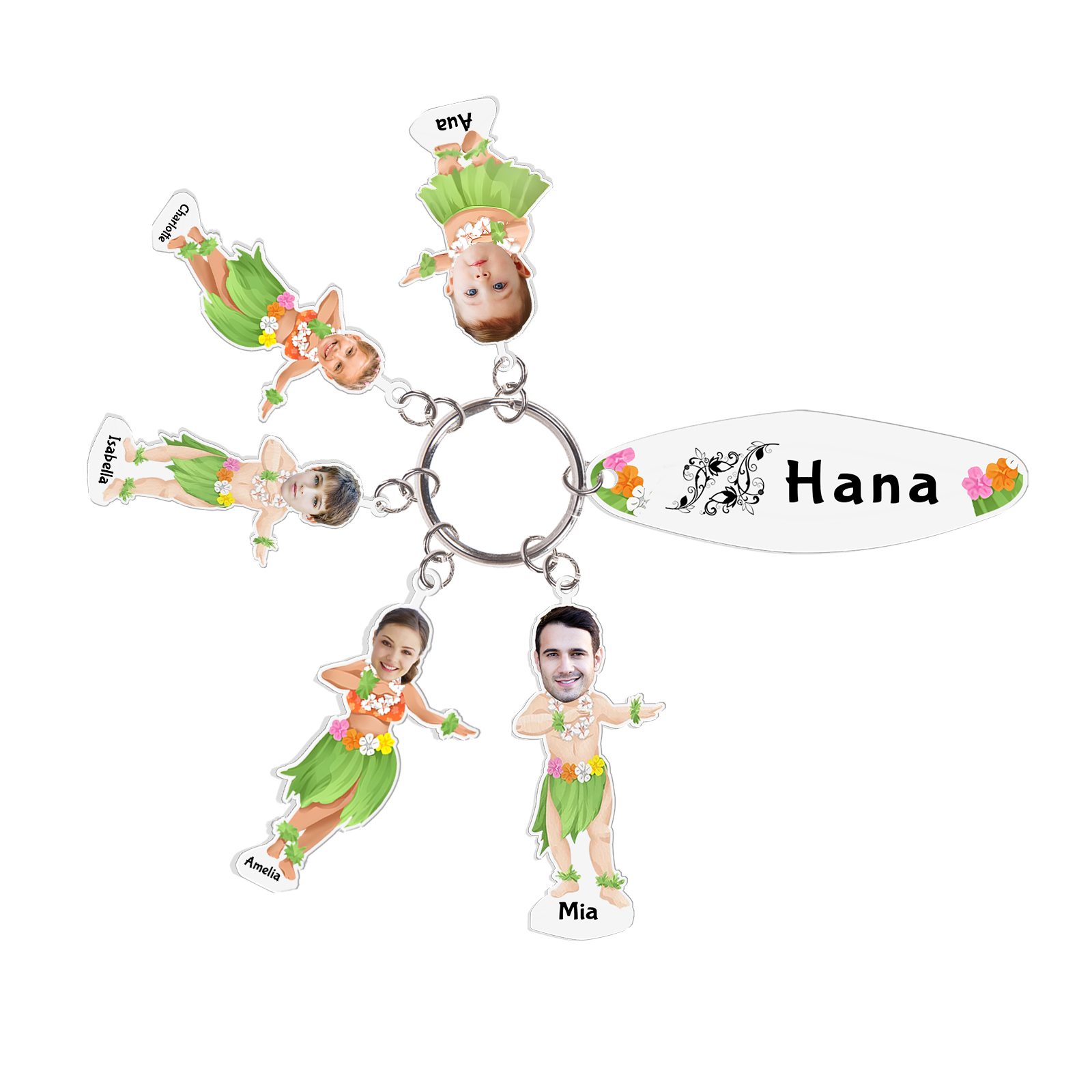 5 Names - Personalised Hawaiian Style Keyring With 5 Photo,5 Name and Text, Gift For Family