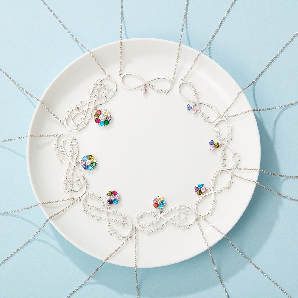 Personalised Infinity Necklace With 7 Birthstones Engraved Names Necklace Gift For Women
