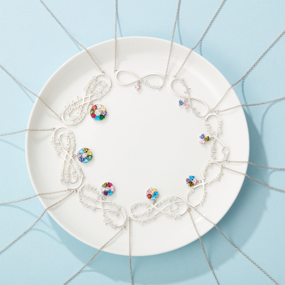 Personalised Infinity Necklace With 7 Birthstones Engraved Names Necklace Gift For Women