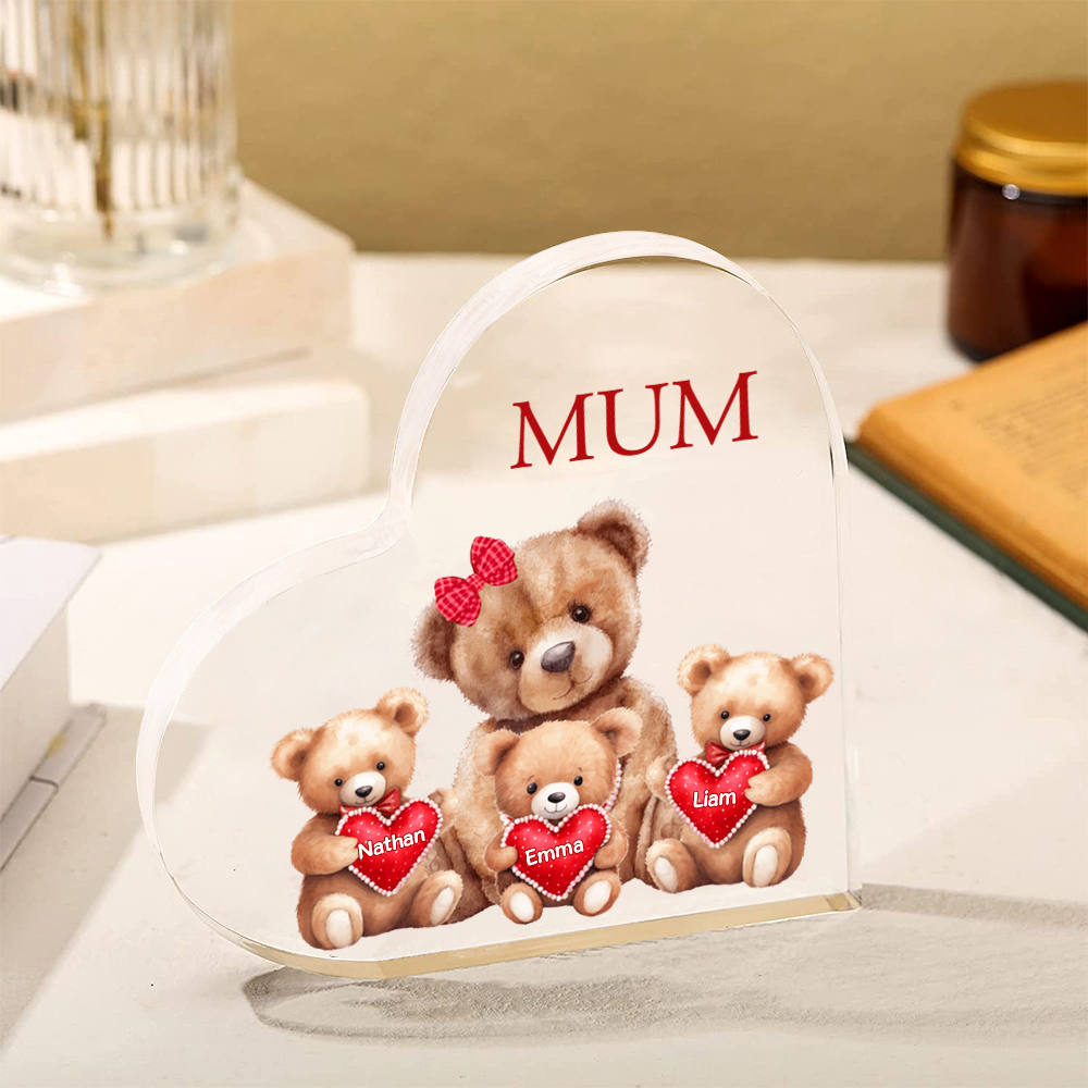 3 Names-Personalised Mum Acrylic Heart Keepsake Custom Text Love Teddy Bear Ornaments Gifts Set With Gift Box for Grandma/Mother
