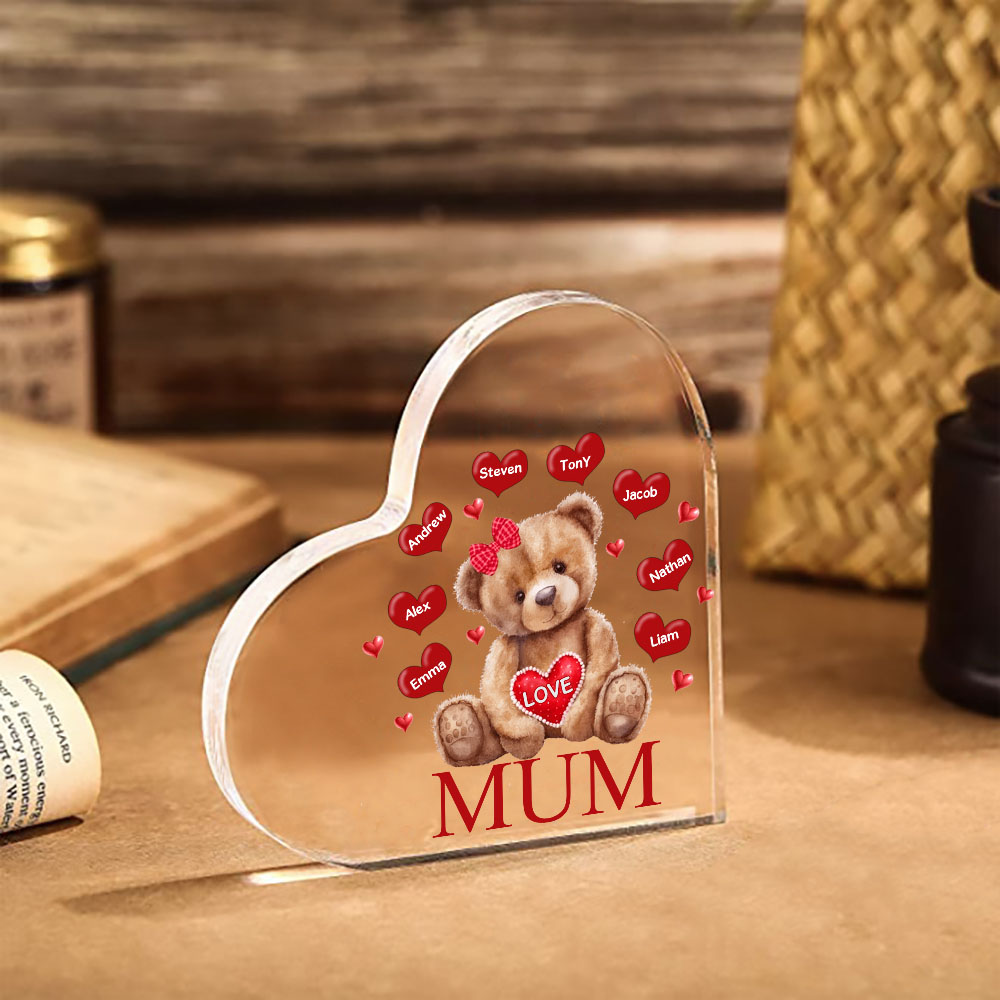 8 Names-Personalised Mum Acrylic Heart Keepsake Custom Text Love Teddy Bear Ornaments Gifts Set With Gift Box for Grandma/Mother