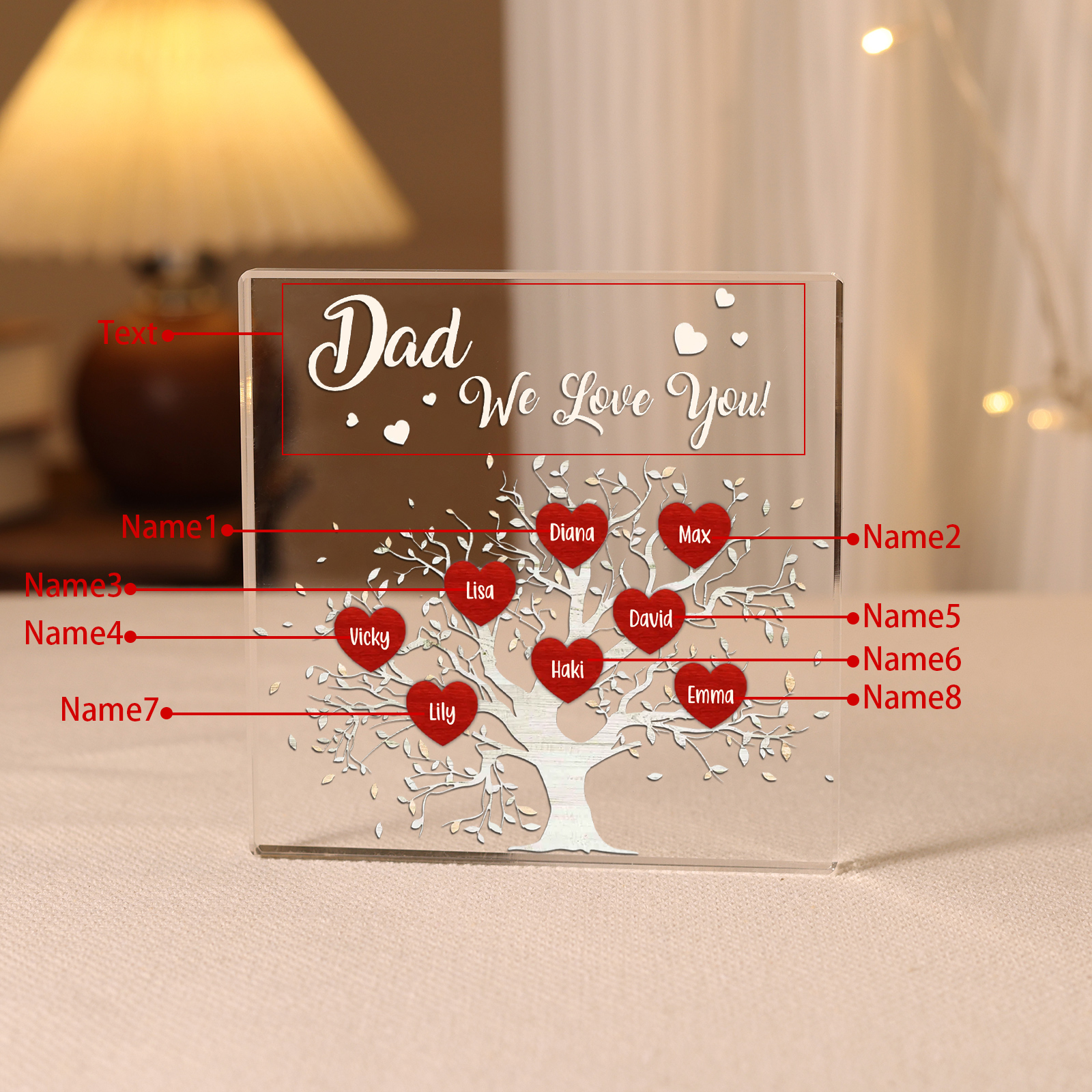 8 Names-Personalised Acrylic Family Tree Keepsake-Custom Text and Names-Acrylic Plaque Home Decoration Gift for Dad/Grandad