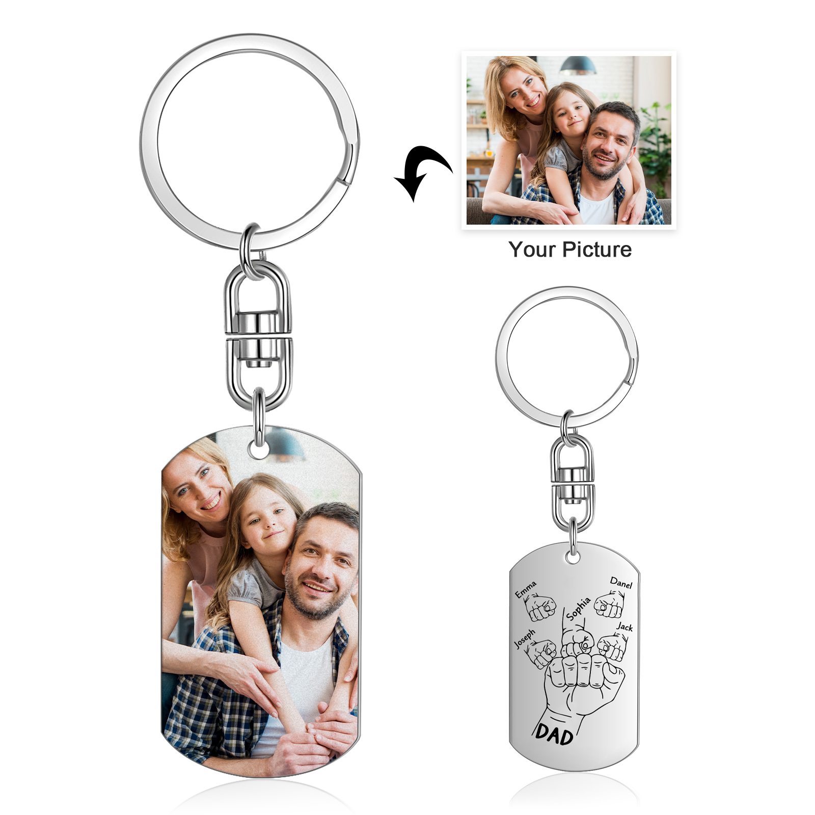 5 Names - Personalised Fist Bump Keyring Customized with Photo and Text Father's Day Gift for Dad