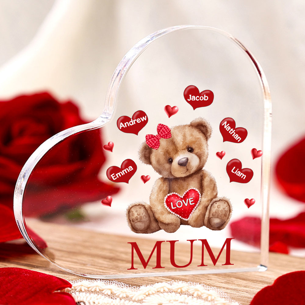 5 Names-Personalised Mum Acrylic Heart Keepsake Custom Text Love Teddy Bear Ornaments Gifts Set With Gift Box for Grandma/Mother