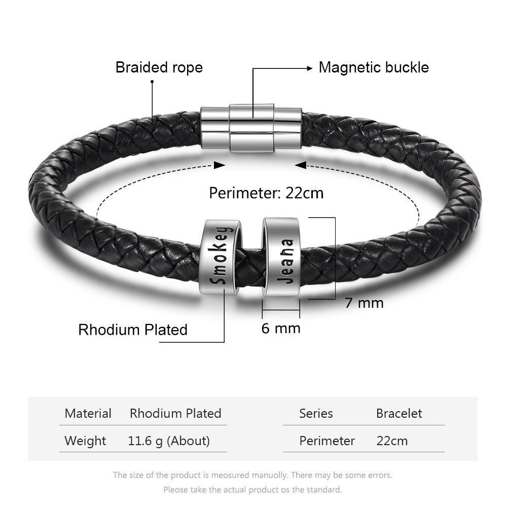 Men Leather Braided Rope Bracelet with 2 Custom Beads Sterling Silver Engravable Black Bracelet for Men