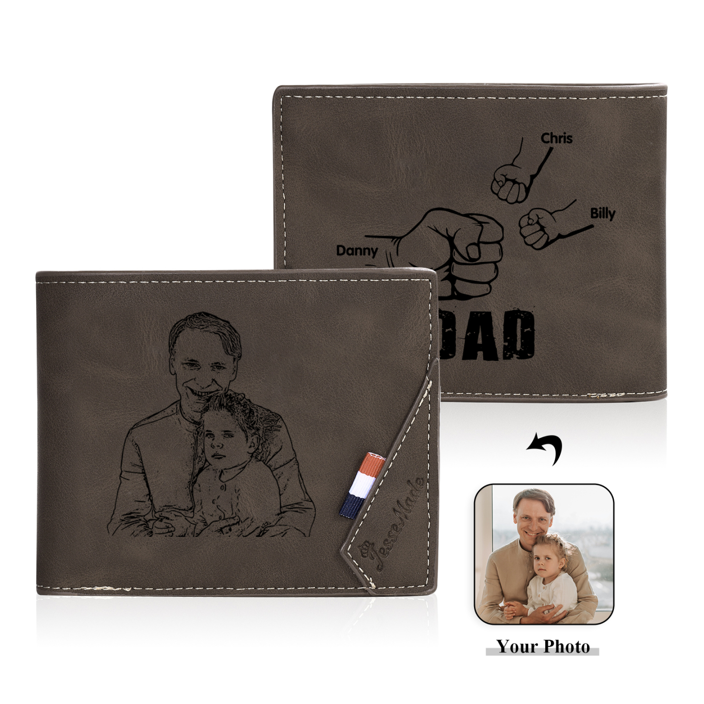 3 Names - Personalised Fist Bump Photo Custom Leather Men's  Wallet as a Father's Day Gift for Dad