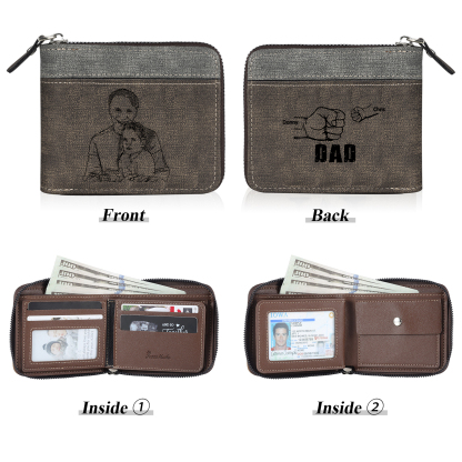 2 Names - Personalised Fist Bump Photo Custom Leather Men's Zipper Wallet as a Father's Day Gift for Dad