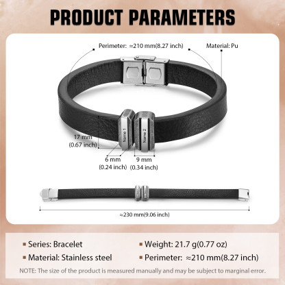 2 Names Personalised Stainless Steel Leather Bracelet Engraved Name Men's Bracelet Gift for Dad