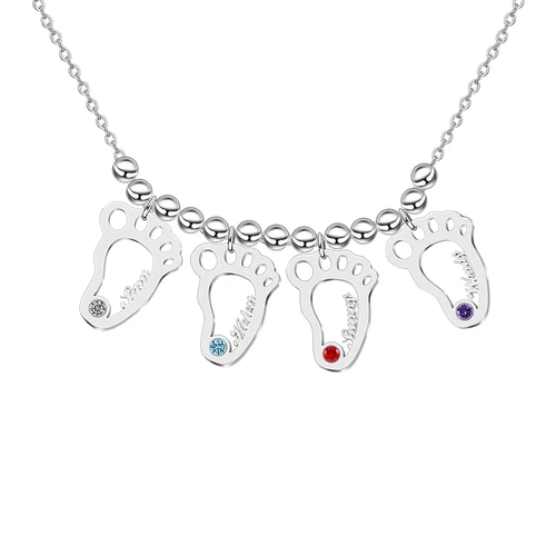 Personalised Baby Foot Necklace With 4 Birthstones Engraved Names Gift For Mother