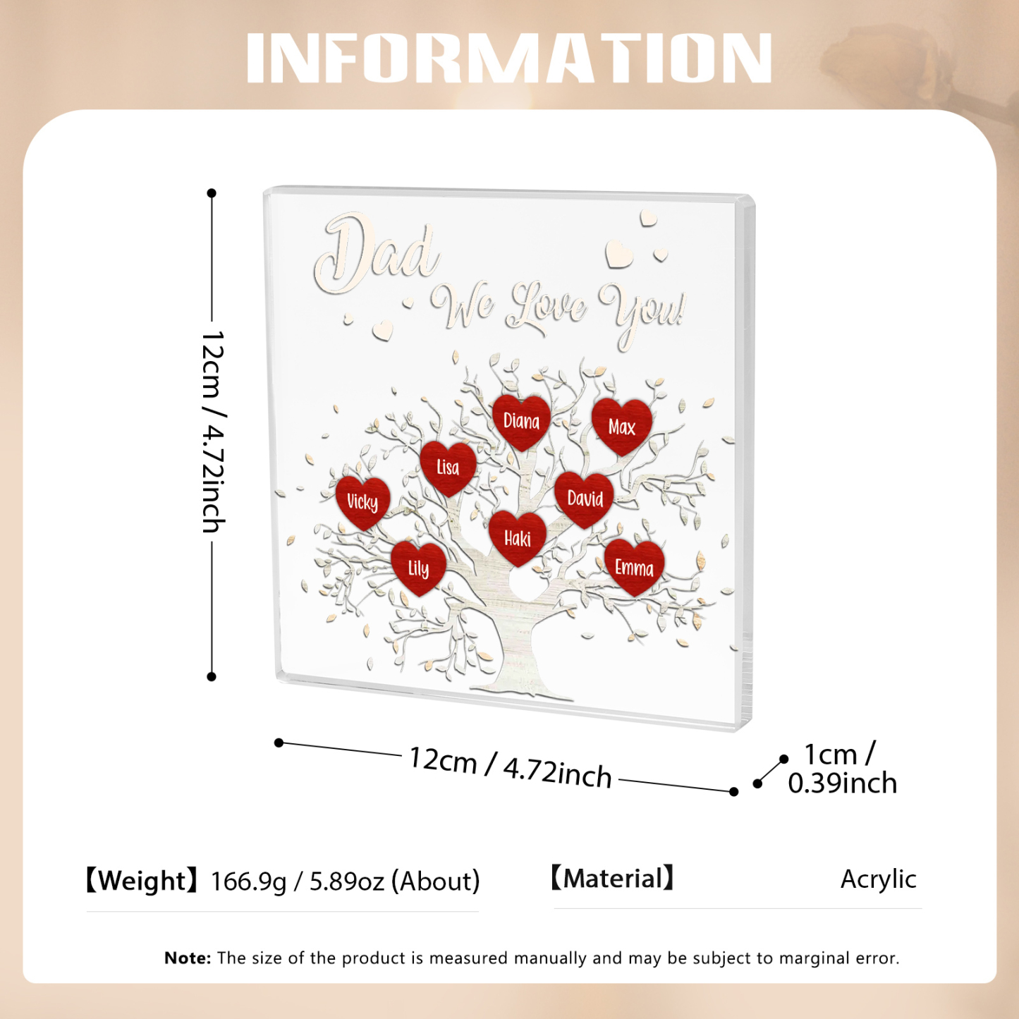 8 Names-Personalised Acrylic Family Tree Keepsake-Custom Text and Names-Acrylic Plaque Home Decoration Gift for Dad/Grandad