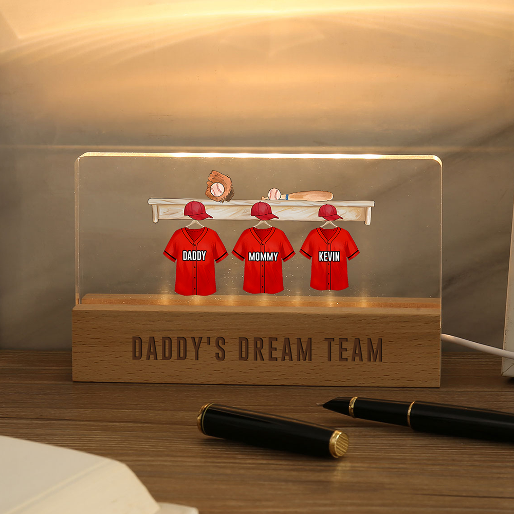 3 Names - Personalised Baseball Jersey Desk Lamp - Dad's Dream Team - Father's Day Gift for Dad