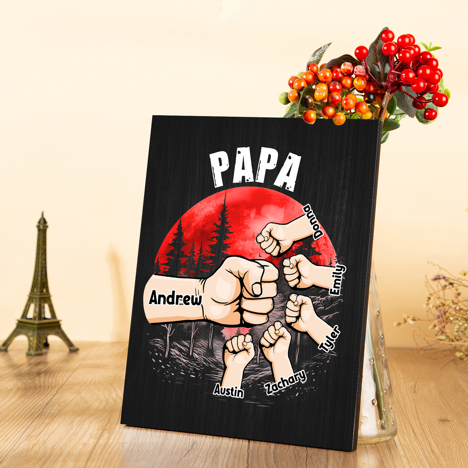 6 Names - Personalised Wooden Ornament Fist Bump Red Forest Style Engraved Name and Text Ornament for Dad
