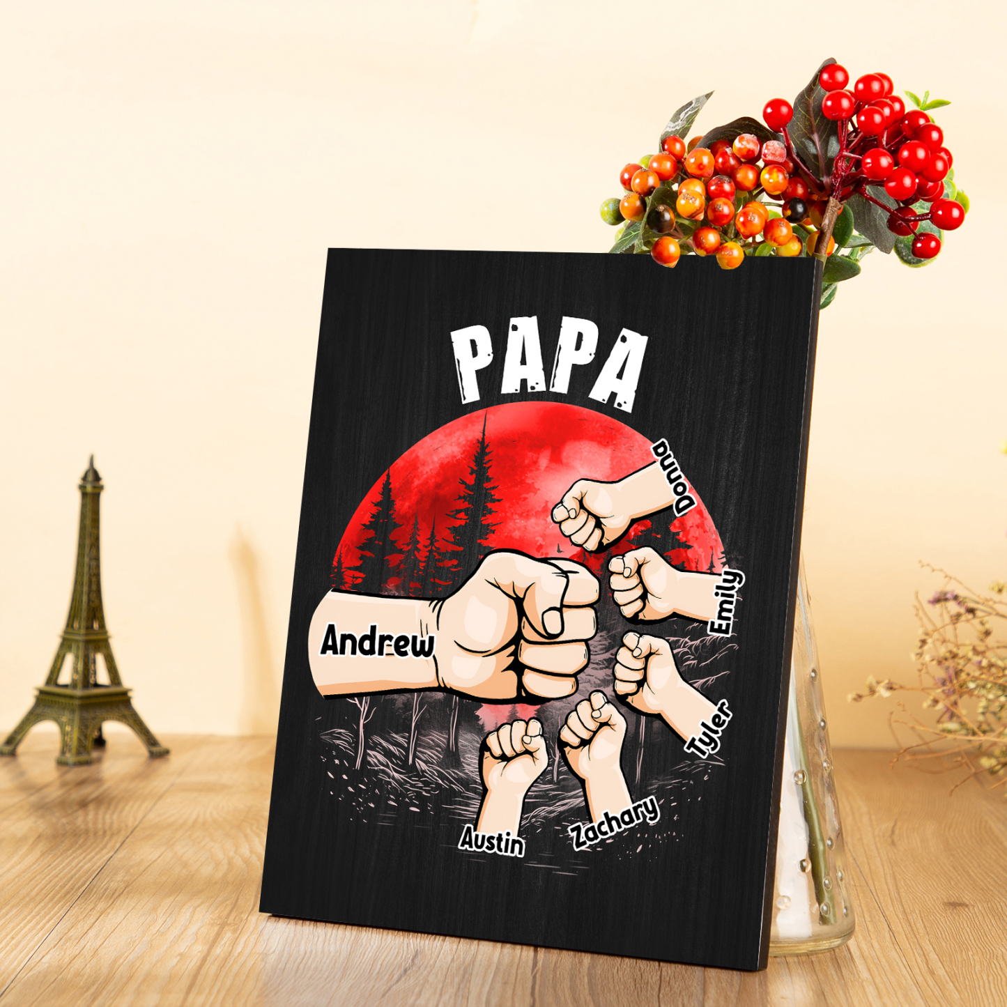 6 Names - Personalised Wooden Ornament Fist Bump Red Forest Style Engraved Name and Text Ornament for Dad