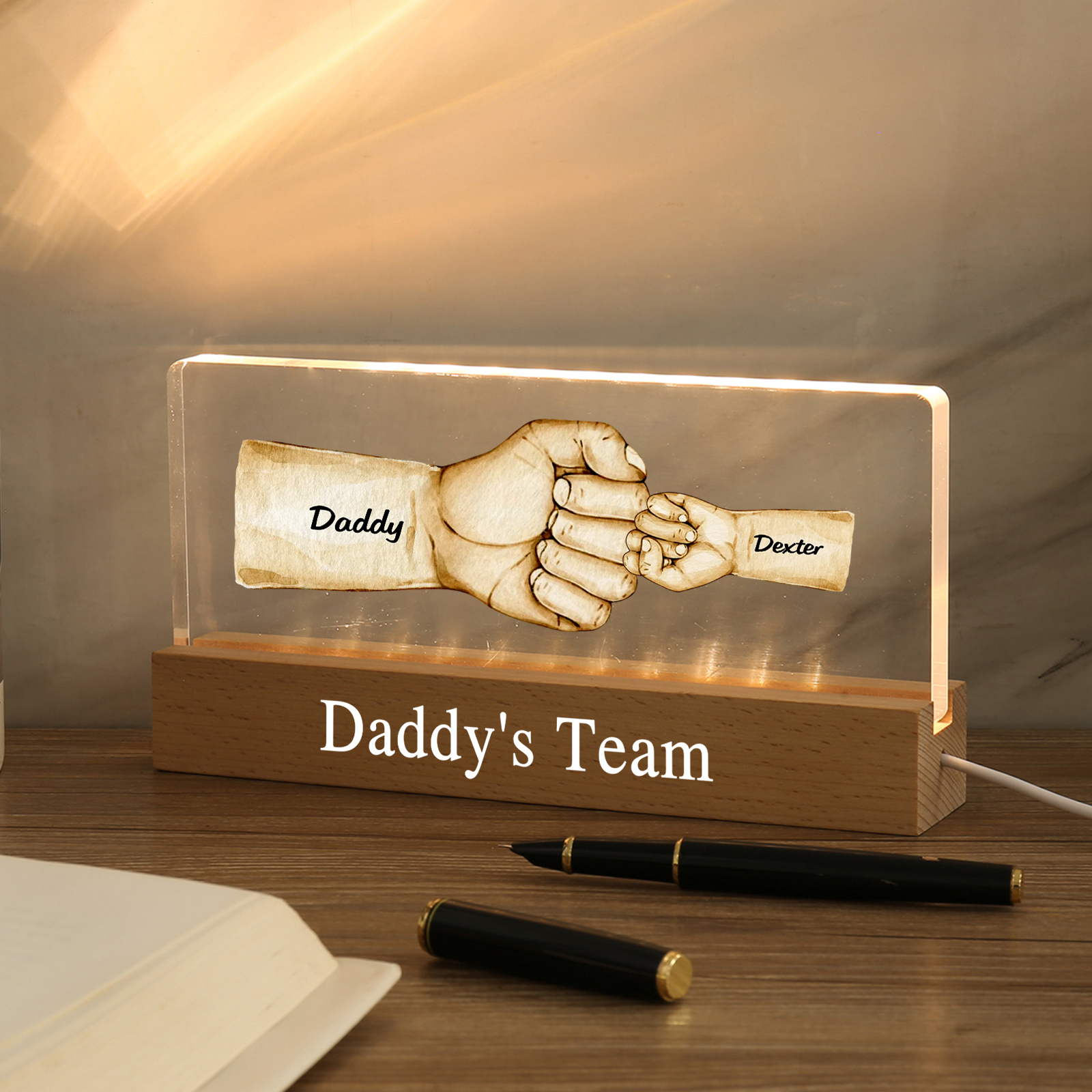2 Names - Personalised Fist Bump Pattern Table Lamp Customized Text Father's Day Gift for Dad
