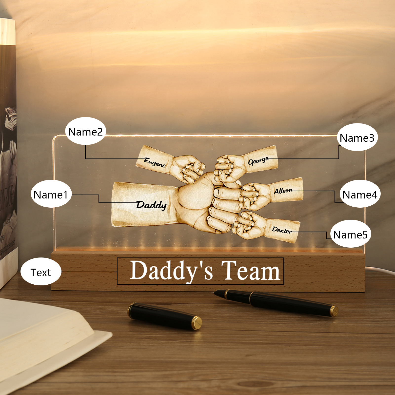 5 Names - Personalised Fist Bump Pattern Table Lamp Customized Text Father's Day Gift for Dad