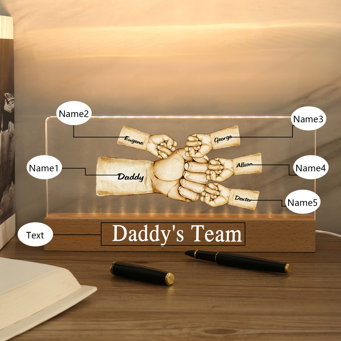 5 Names - Personalised Fist Bump Pattern Table Lamp Customized Text Father's Day Gift for Dad