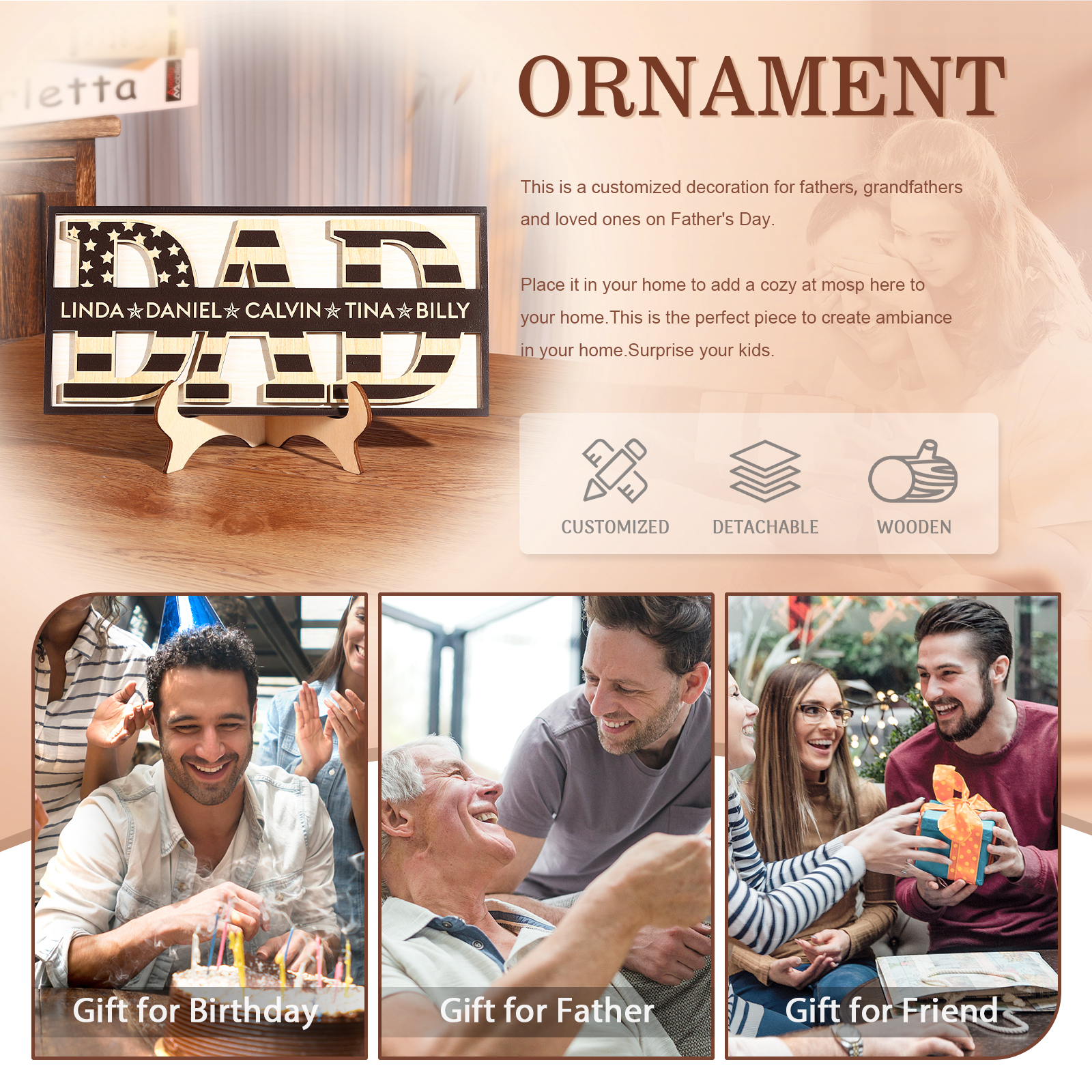 5 Names - Personalised Wood Ornament Engraved with Dad Text Support Customized Name Ornament Father's Day Gift for Dad