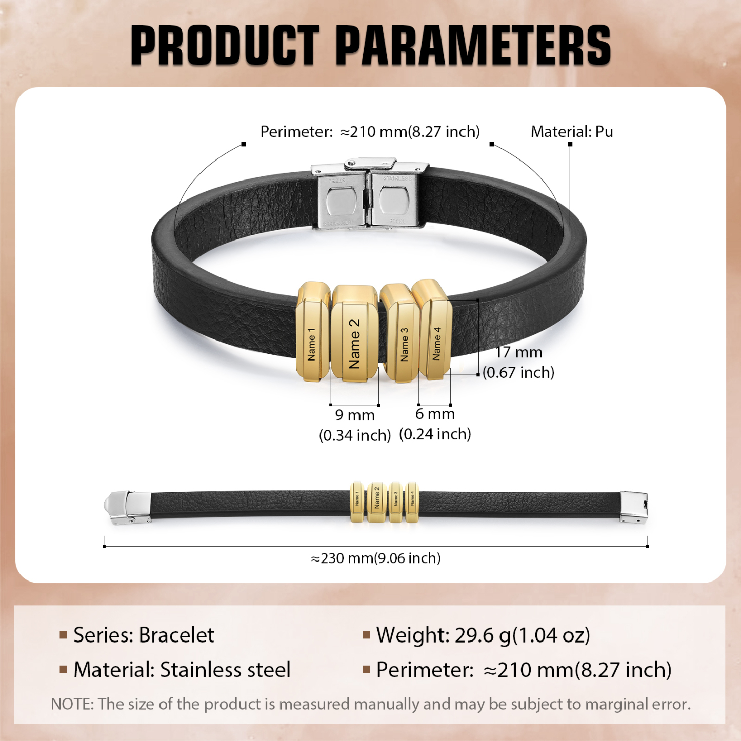 4 Names Personalised Stainless Steel Leather Bracelet Engraved Name Men's Bracelet Gift for Dad