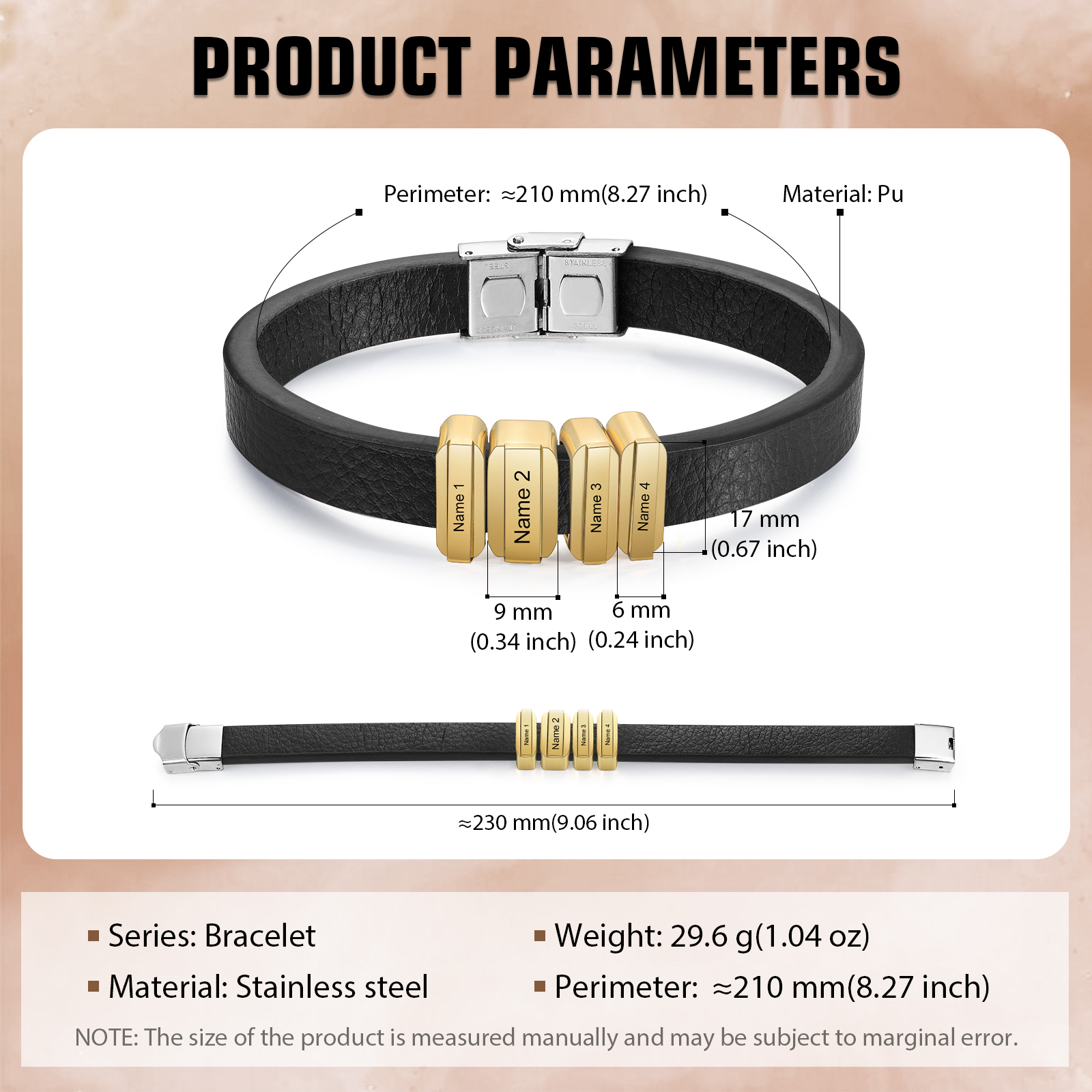4 Names Personalised Stainless Steel Leather Bracelet Engraved Name Men's Bracelet Gift for Dad