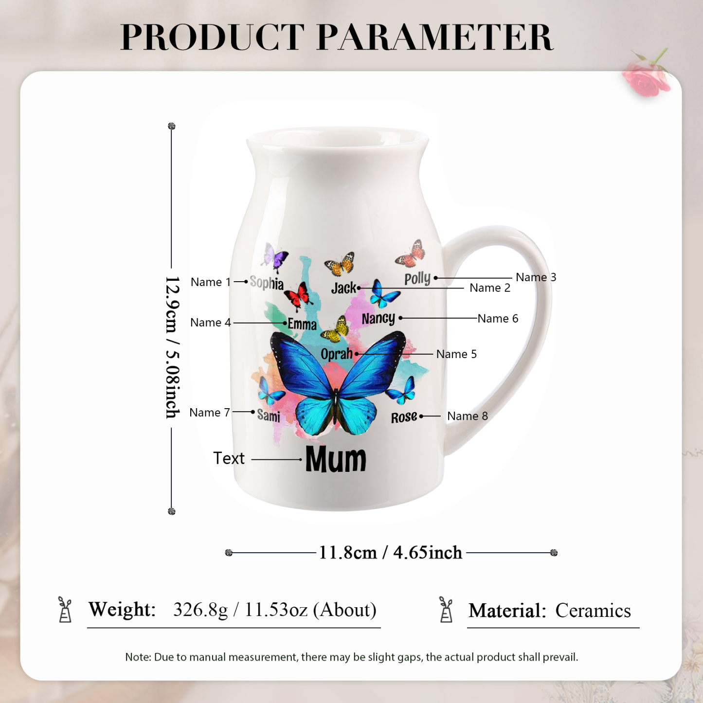 8 Names - Personalised Beautiful Colorful Butterfly Style Ceramic Vase with Customizable Names As a Wonderful Gift For Mum