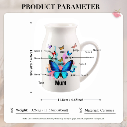 8 Names - Personalised Beautiful Colorful Butterfly Style Ceramic Vase with Customizable Names As a Wonderful Gift For Mum