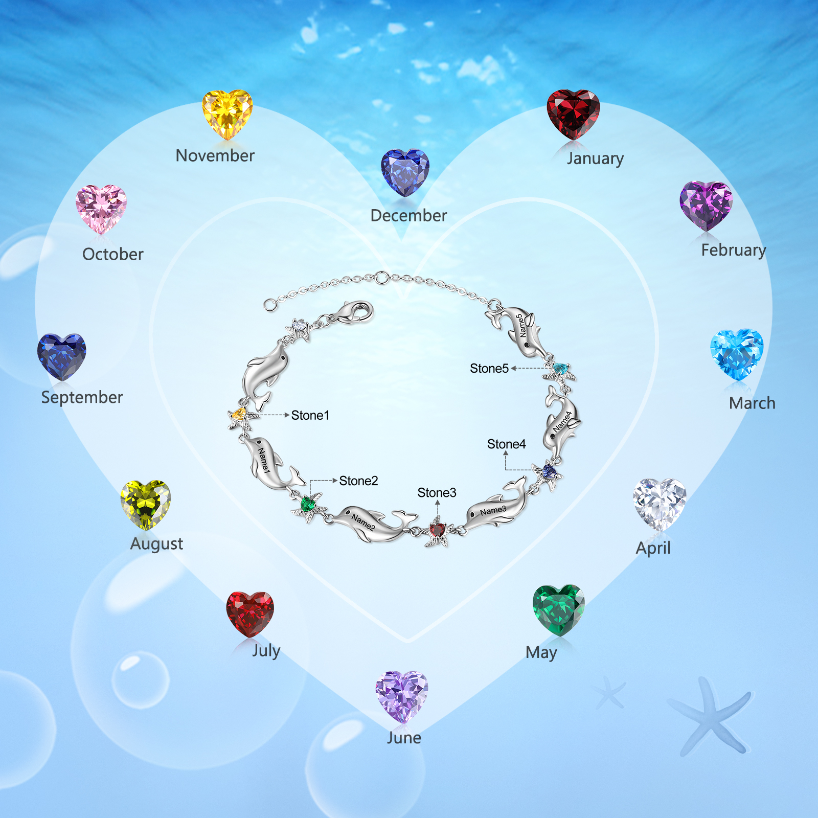 Animal Bracelet Personalized Dolphin Bracelet With 5 Birthstones Engraved Names Starfish Charm Gifts For Her