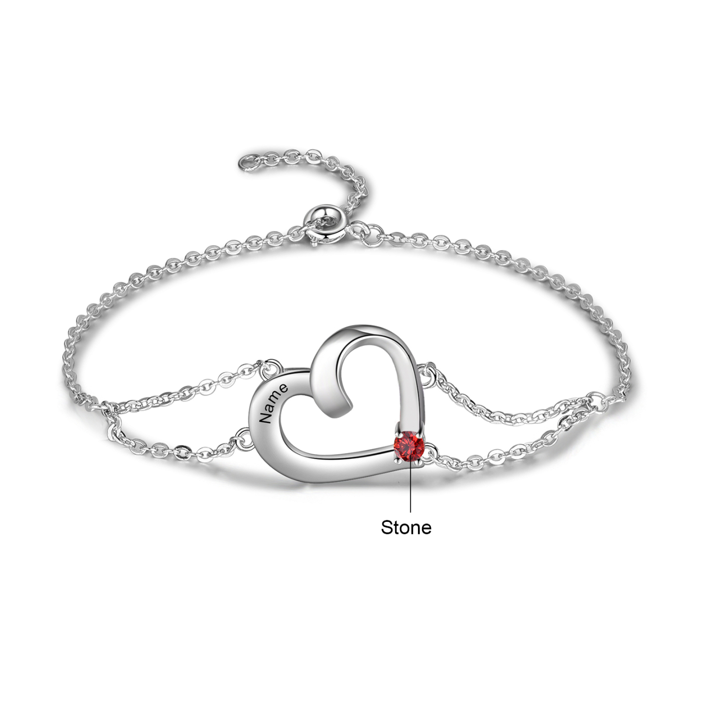 Personalised Heart Bracelet With 1 Birthstone Engraved Names Gift For Women
