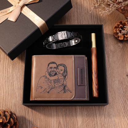 Personalised 2 Photos &1 Text Gift Set Custom Wallet & Bracelet & Pen Gift Box Set Father’s Day Gifts