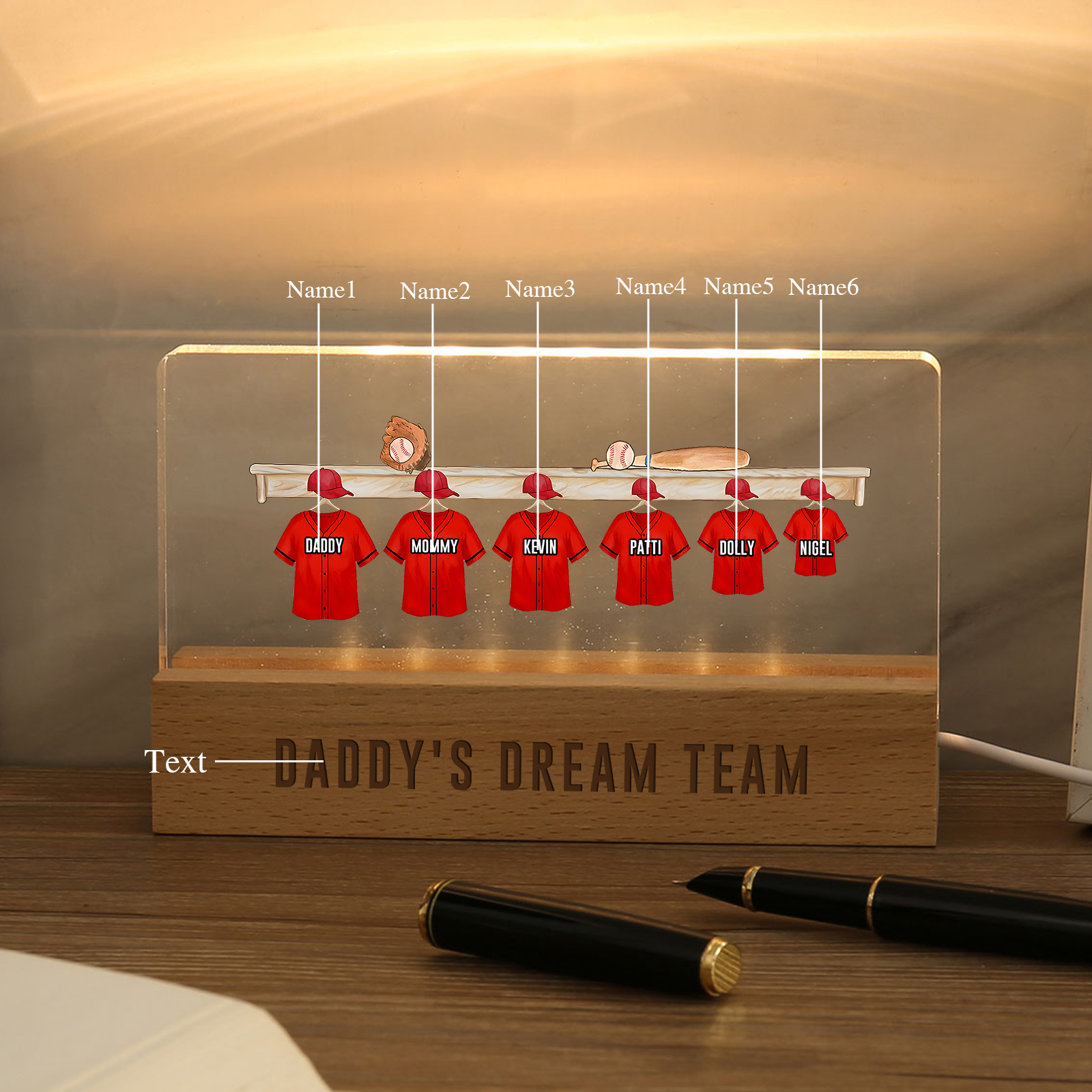 6 Names - Personalised Baseball Jersey Desk Lamp - Dad's Dream Team - Father's Day Gift for Dad