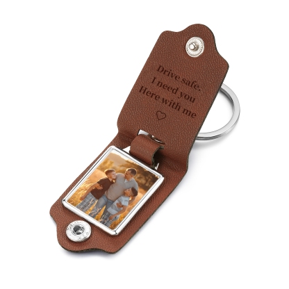 Personalised Text & Photo Men's Leather Keyring - Drive Safely - For Dad
