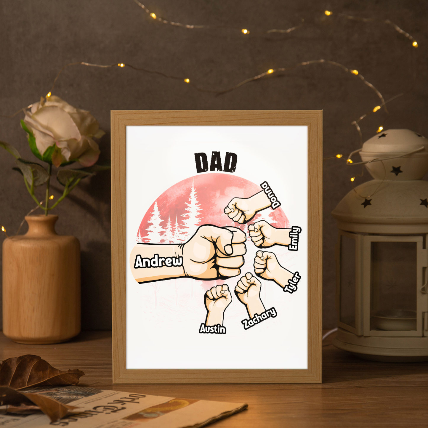 6 Names-Personalised Fist Dad LED Light Wooden Photo Frame -Custom Text & Names, Adjustable 3 Colors