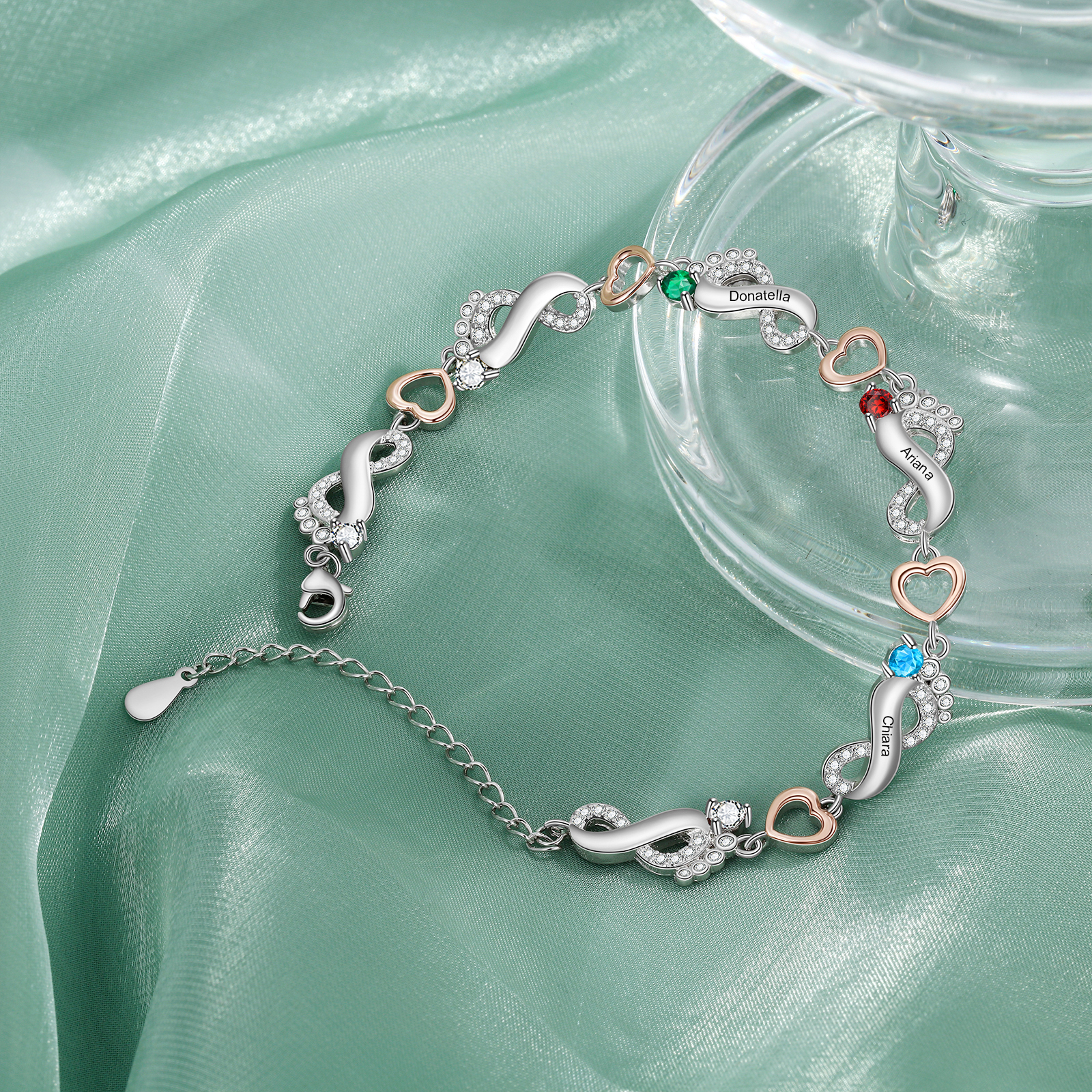 Personalised Baby Feet Bracelet Custom 3 Birthstones Set With Rose Gift Box Heart Bracelet Gifts For Women