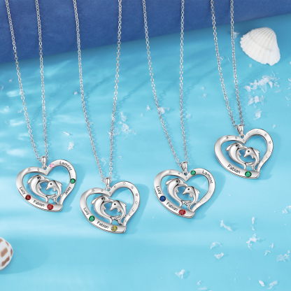 3 Names - Personalised Beautiful Dolphin Heart Necklace with Customized Name and Birthstone Gift for Her