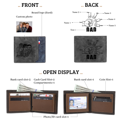 5 Names - Personalised Fist Bump Photo Custom Leather Men's  Wallet as a Father's Day Gift for Dad