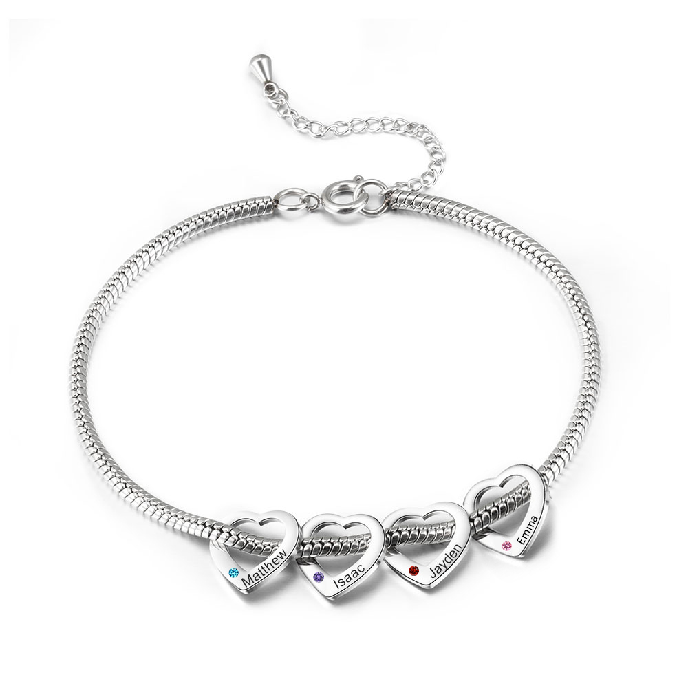 Custom Anklet Engraved 4 Names and Birthstones Heart Shaped Charm Personalised Bracelet for Women