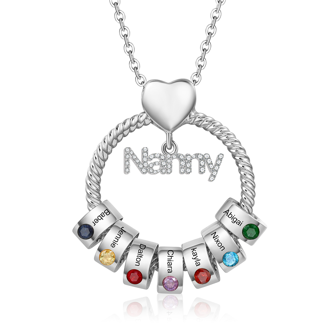7 Names-Personalised Nanny Circle Necklace With 7 Birthstones Pendant Engraved Names Gift For Nanny