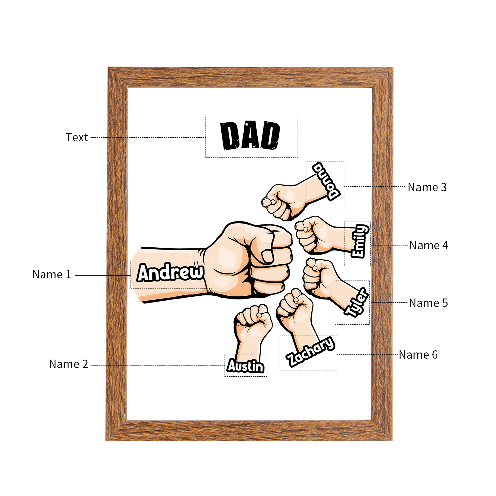 6 Names-Personalised Fist Dad LED Light Wooden Photo Frame -Custom Text & Names, Adjustable 3 Colors