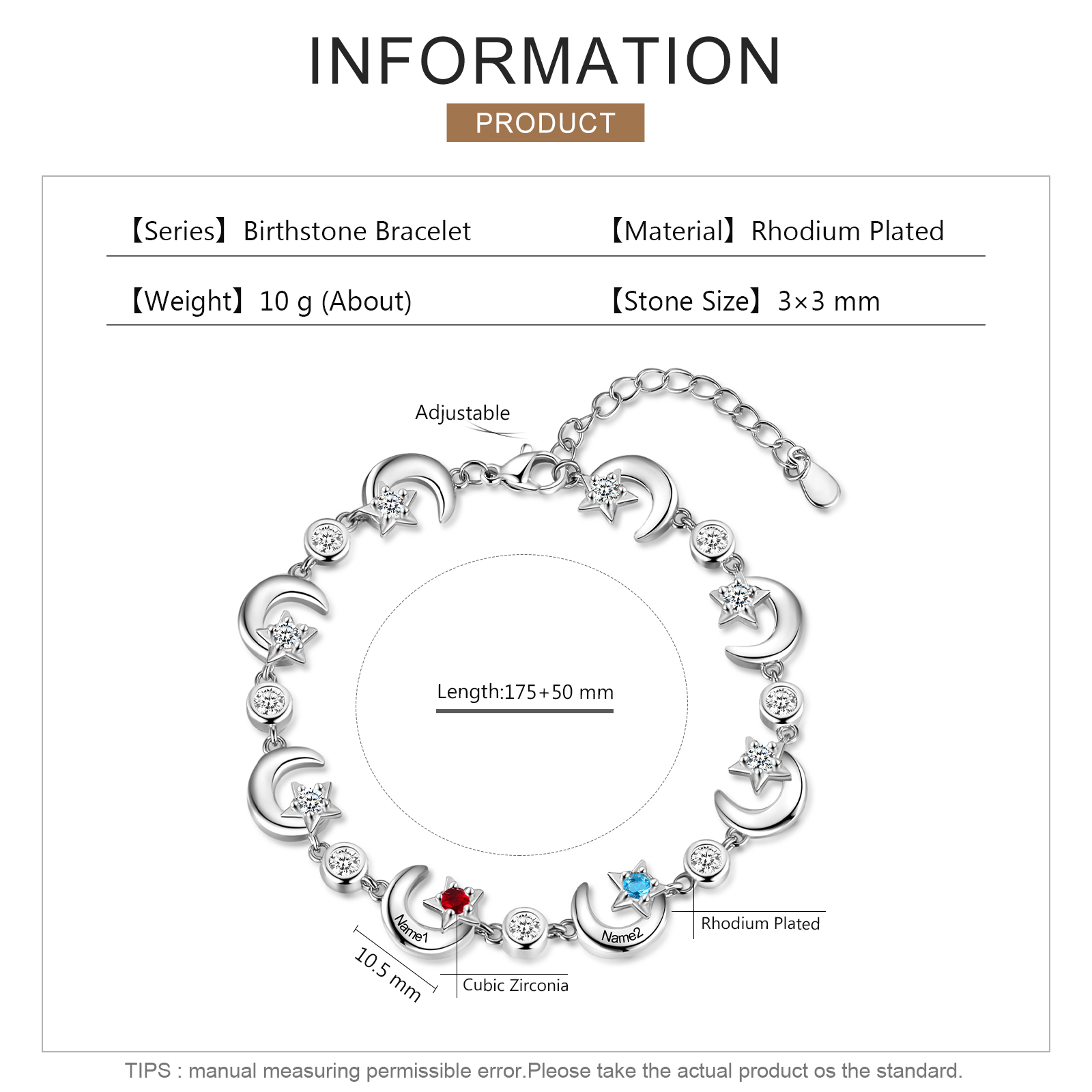 2 Names-Personalised Moons And Stars Bracelet With 2 Birthstones Custom Names Bracelet Gift For Women