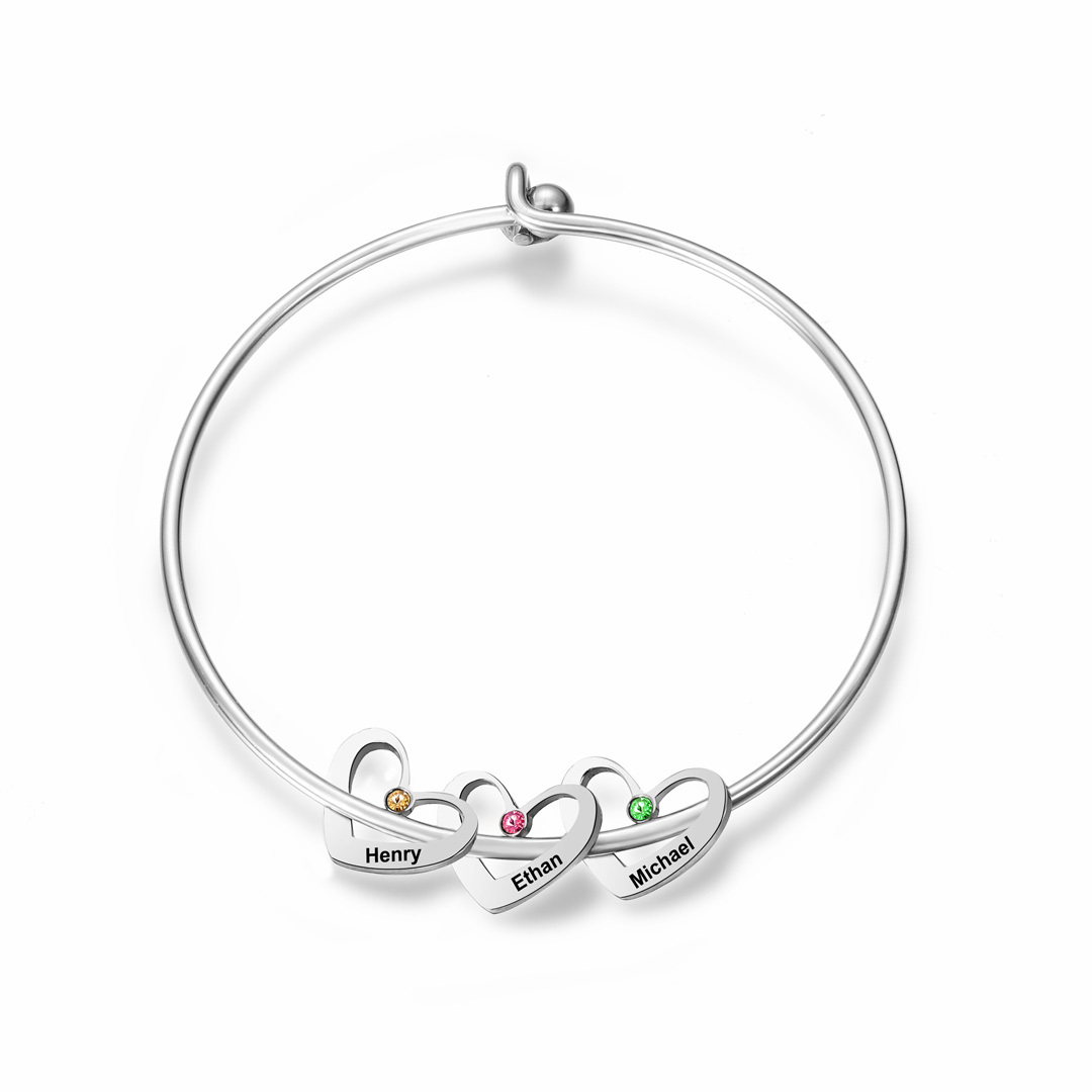 Personalised Heart Bangle With 3 Names and Birthstones Bangle Bracelet Mother's Day Gifts For women