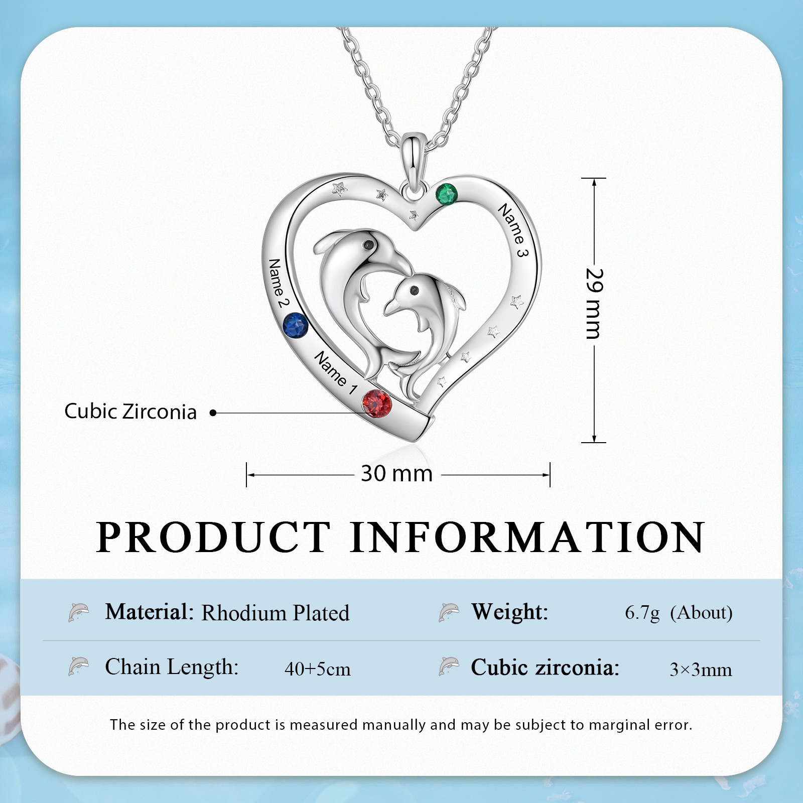 3 Names - Personalised Beautiful Dolphin Heart Necklace with Customized Name and Birthstone Gift for Her
