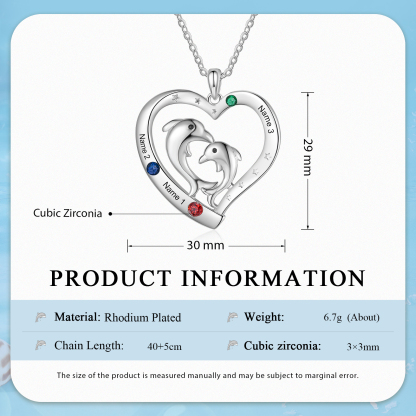 3 Names - Personalised Beautiful Dolphin Heart Necklace with Customized Name and Birthstone Gift for Her