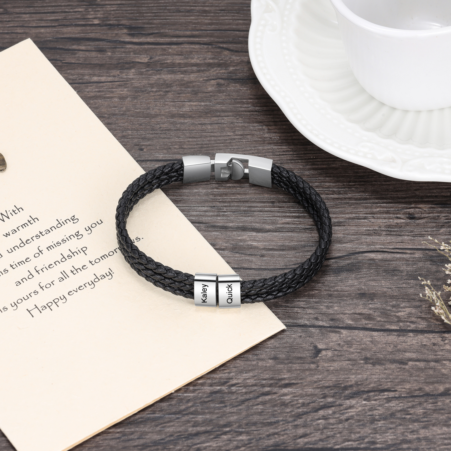 Personalised Braided Leather Bracelet Engraved 2 Names Men's Bracelet Gifts For Him