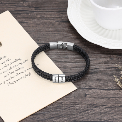 Personalised Braided Leather Bracelet Engraved 2 Names Men's Bracelet Gifts For Him
