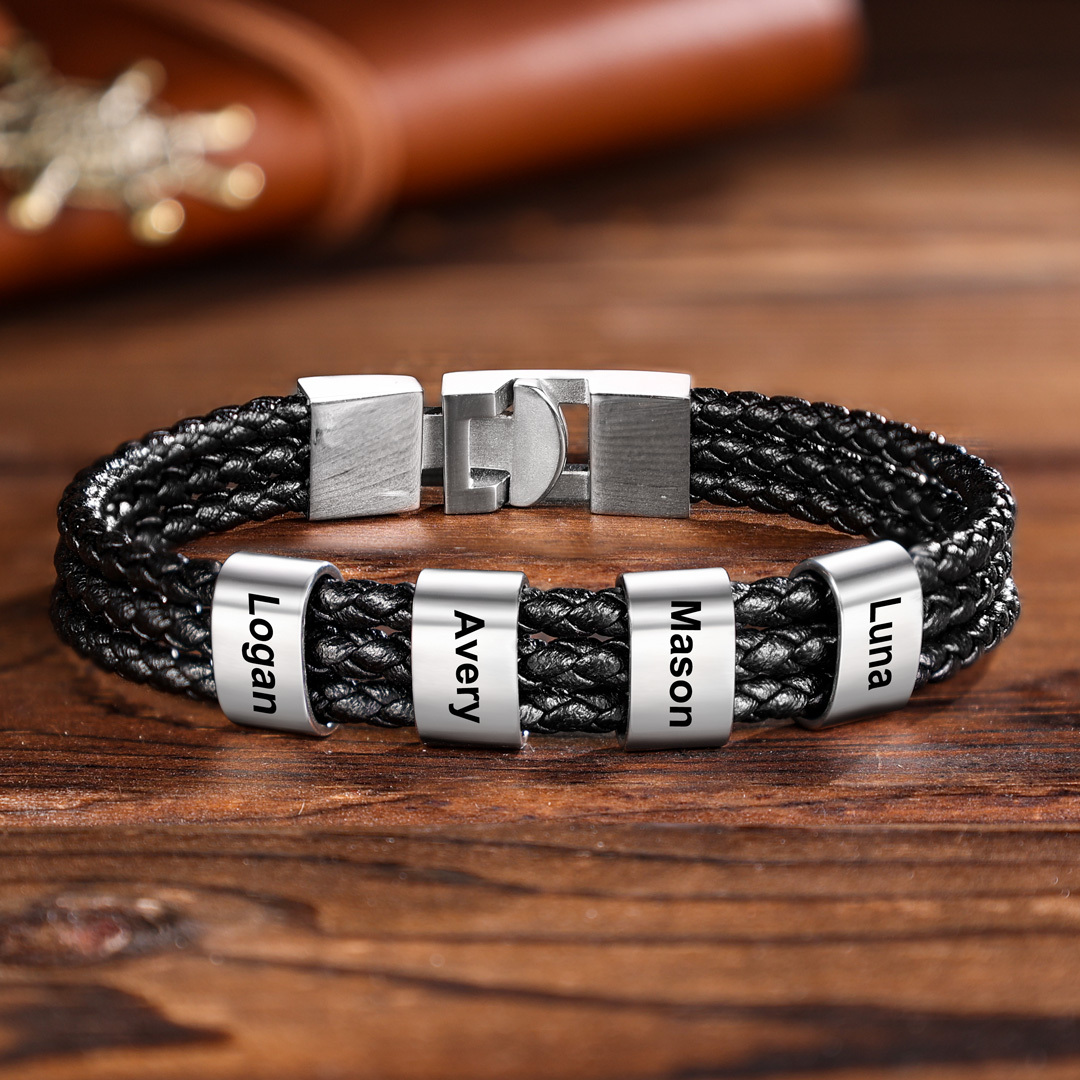 Personalised Braided Leather Bracelet Engraved 5 Names Men's Bracelet Gifts For Him