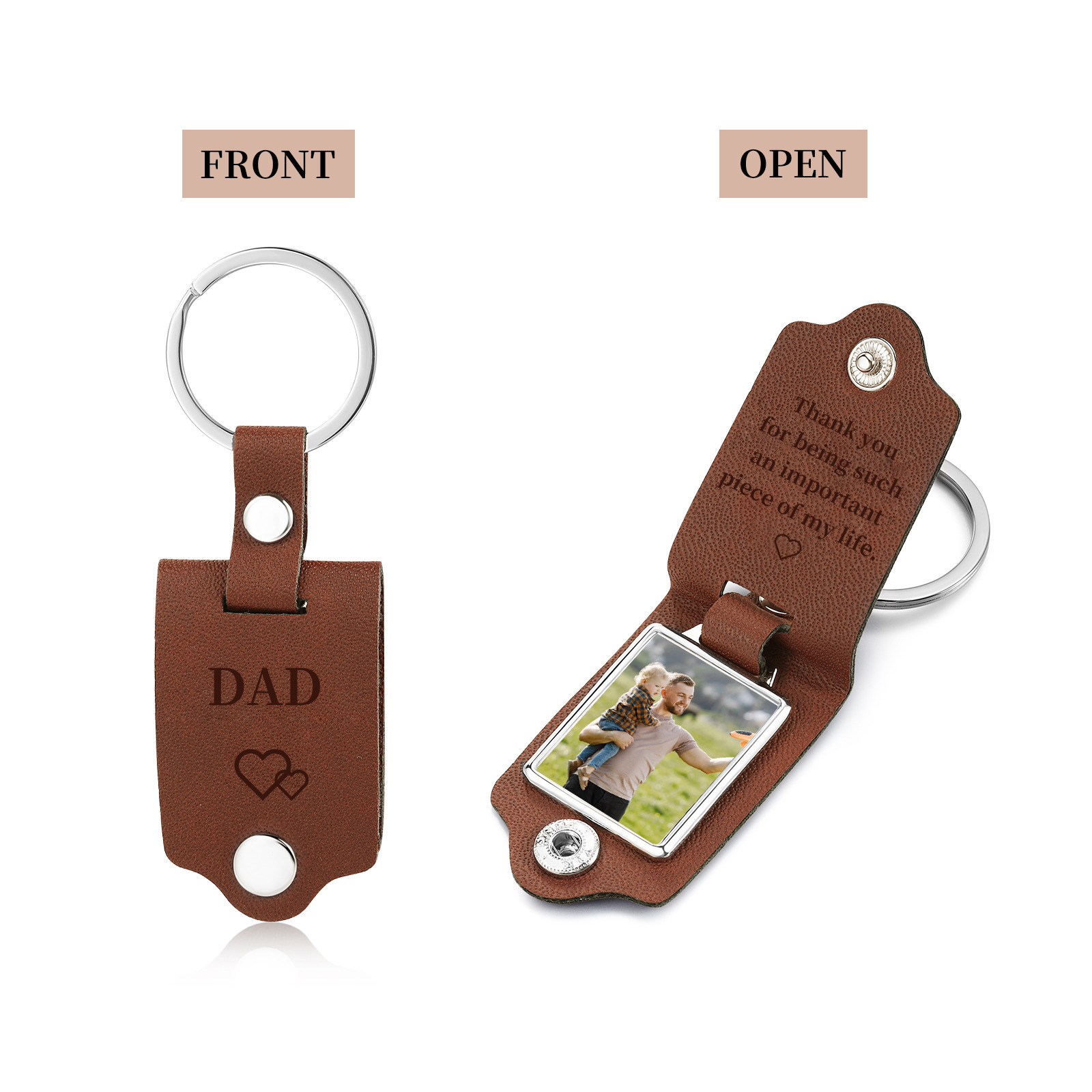 Personalised 2 Texts & 1 Photo Men's Leather Keyring Three Colors Available for Dad