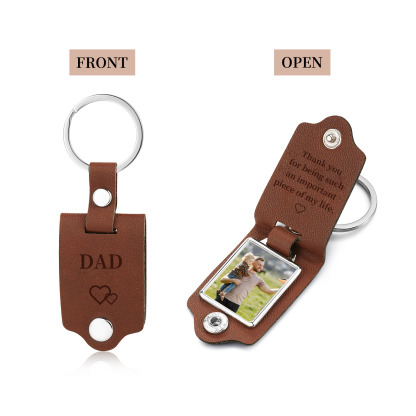 Personalised 2 Texts & 1 Photo Men's Leather Keyring Three Colors Available for Dad
