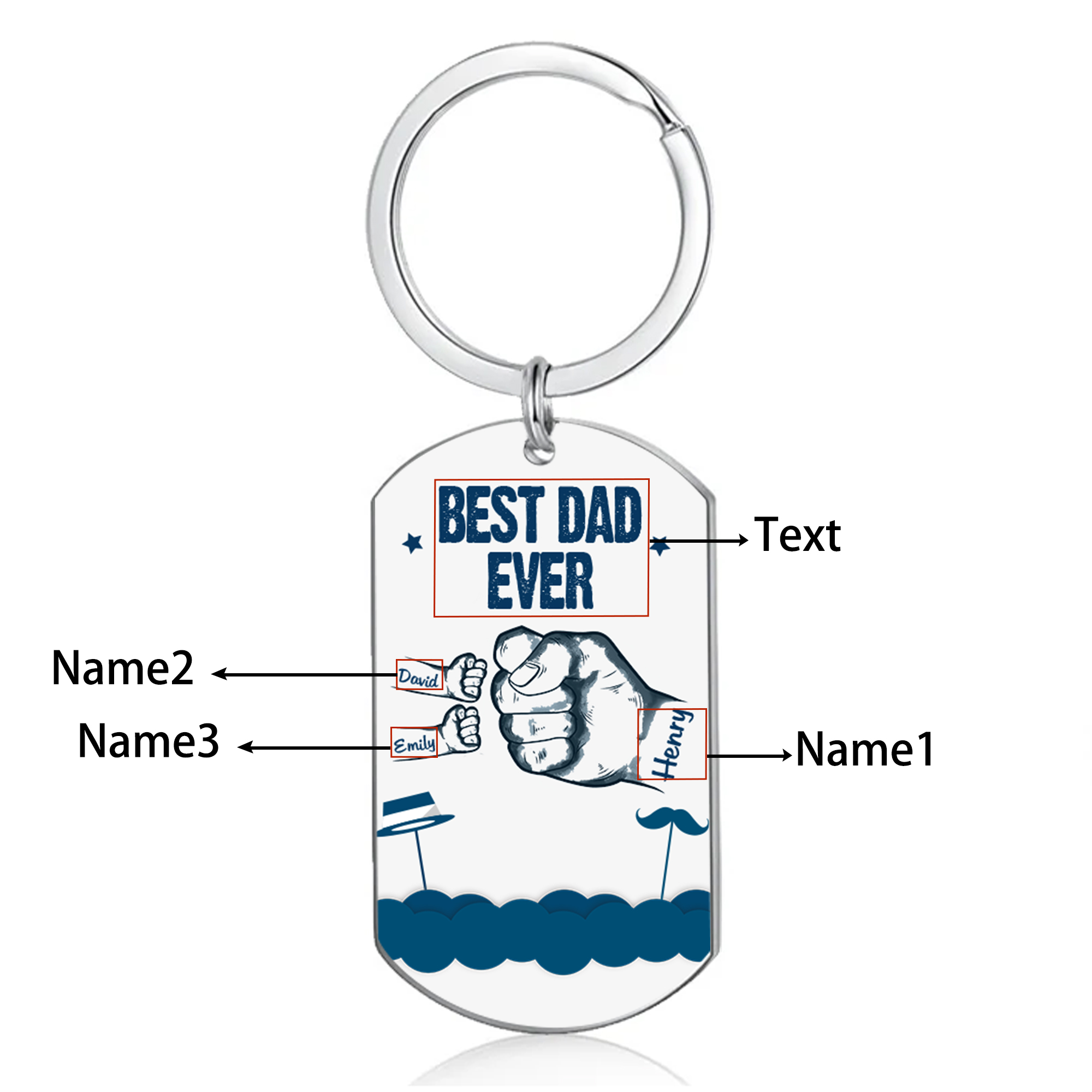 3 Names - Personalised Custom Fist Bump Keyring Hat and Beard Style Keyring Gift for Dad