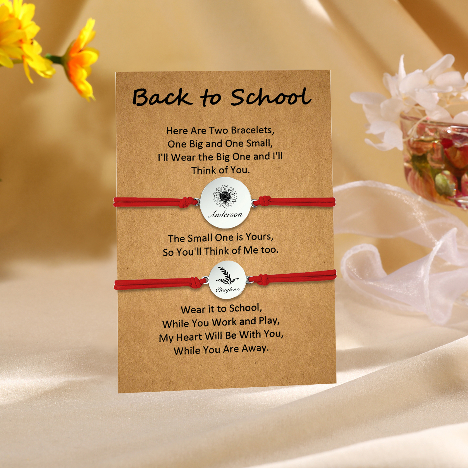 2 PCS Customized 2 Names Dandelion Pattern Elastic Stainless Steel Bracelet Back-To-School Gift For Daughter