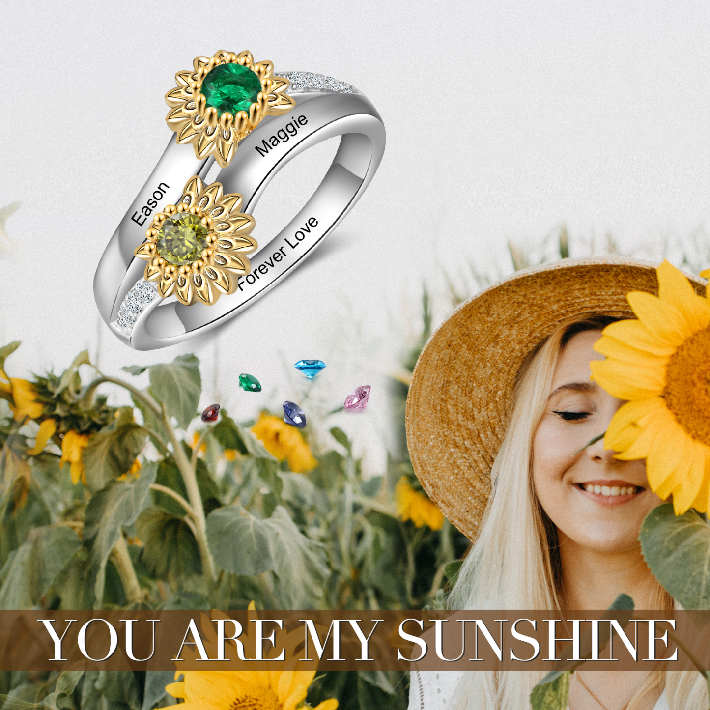 Personalised Sunflower Ring With 2 Birthstones Engraved Names Ring Gift For Women | Jessemade
